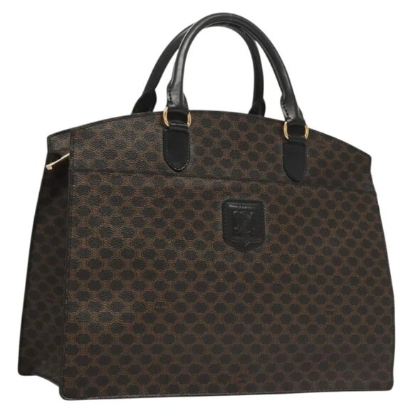 CELINE Macadam Canvas Hand Bag PVC Leather Black Gold Auth 125122 - Picture 1 of 16